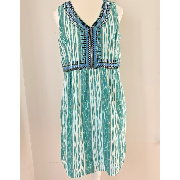J JILL Embroidered Cotton Ikat Dress Small Petite V-Neck Sleeveless Lined Boho - Picture 1 of 13